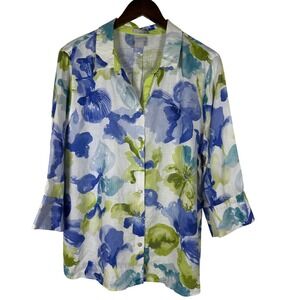 Chico's Blue Green Watercolor Floral No-Iron 100% Linen Button-up 16 XL Artsy